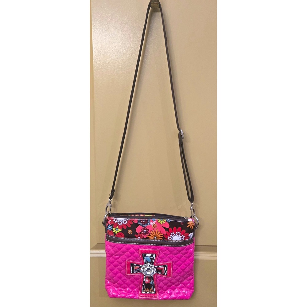 Western Pink Quilted Crossbody Bag Rhinestone Cross Floral Trim - Good Condition